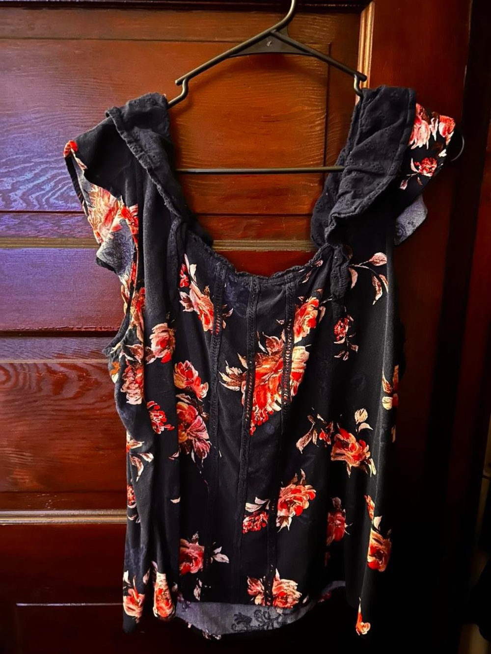 Navy Floral Ruffle-Shoulder Tank Top